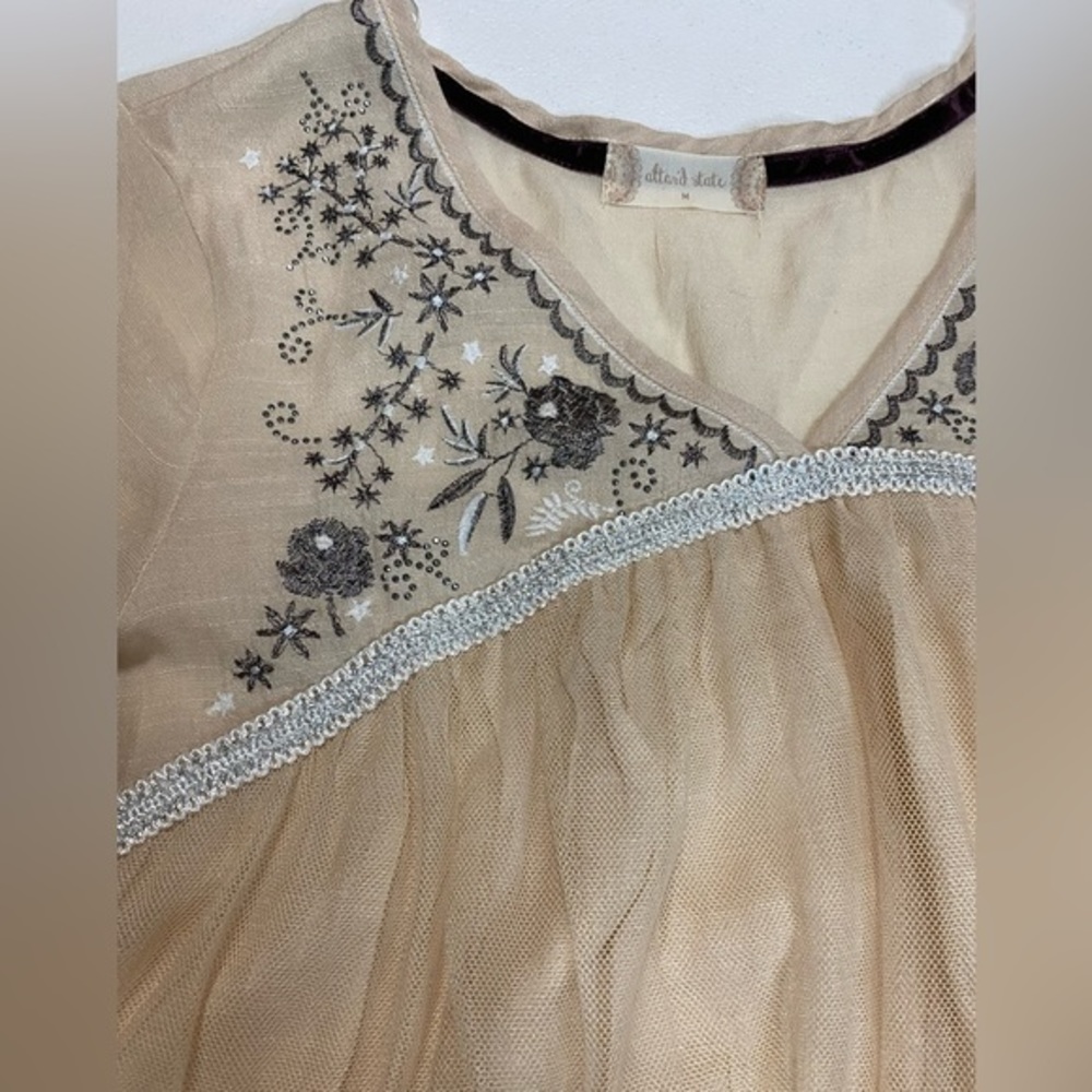 Altar'd State Embroidered Lace Tulle Long Sleeve Top Color Champaign Size Medium